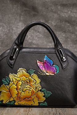 DIY Yellow Embossing Paitings Calf Leather Tote Handbag