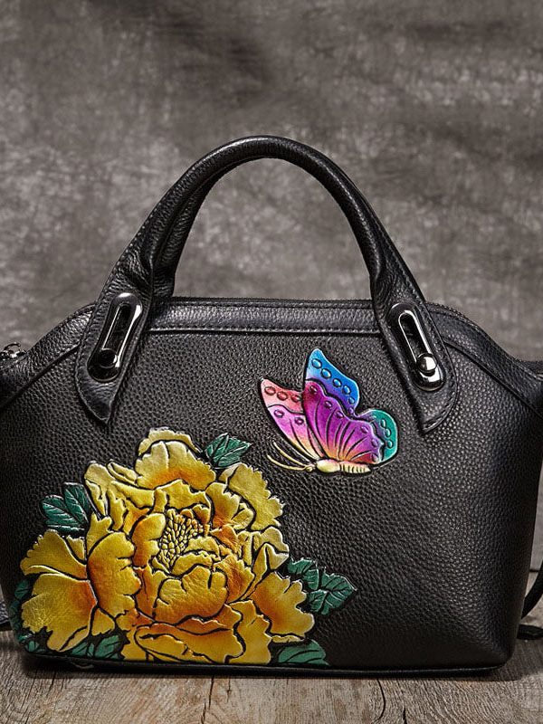 DIY Yellow Embossing Paitings Calf Leather Tote Handbag