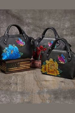 DIY Yellow Embossing Paitings Calf Leather Tote Handbag