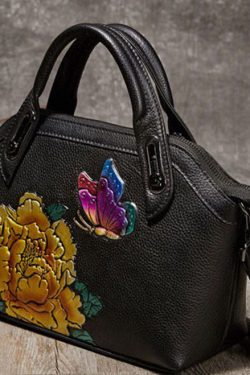 DIY Yellow Embossing Paitings Calf Leather Tote Handbag