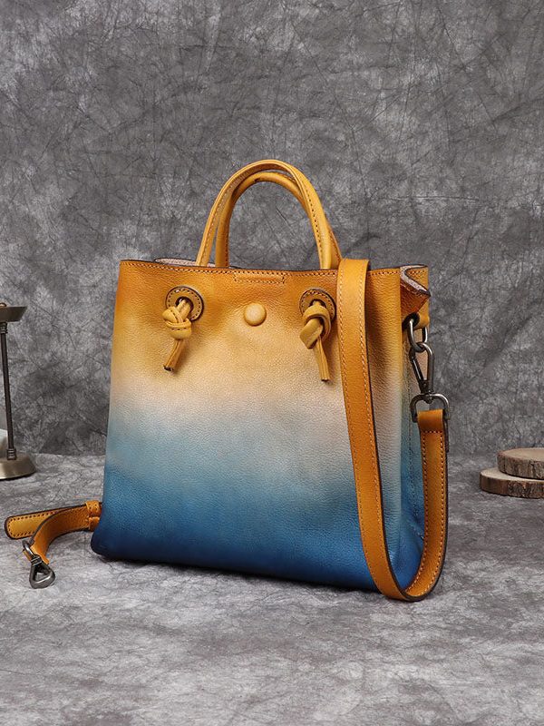 DIY Yellow Rub color Paitings Calf Leather Tote Handbag