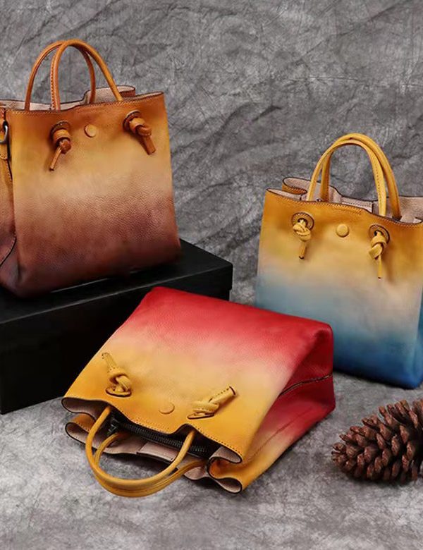 DIY Yellow Rub color Paitings Calf Leather Tote Handbag