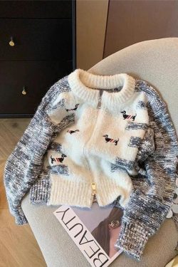 Dog Embroidered Double Zip-Up Knitted Cardigan