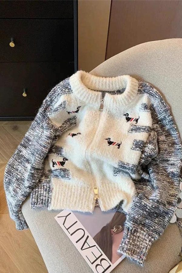 Dog Embroidered Double Zip-Up Knitted Cardigan