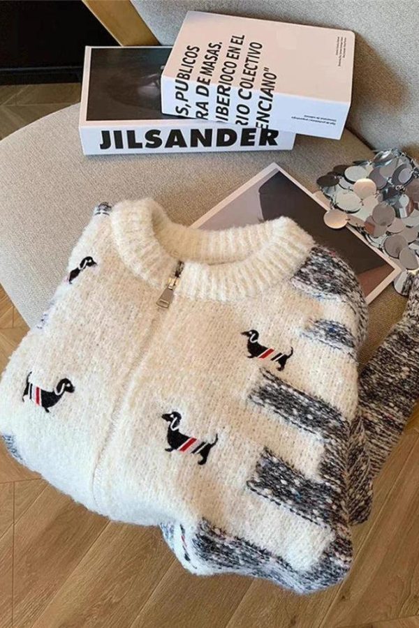 Dog Embroidered Double Zip-Up Knitted Cardigan