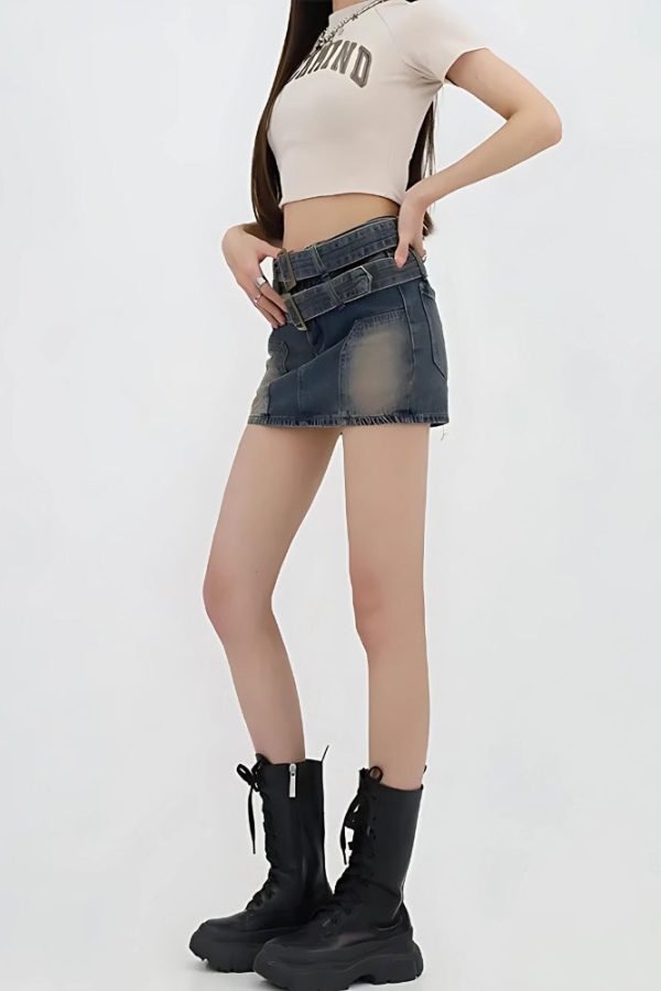 Double Belted Denim Mini Skort