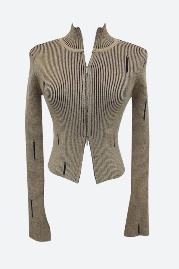 Double Zip-Up Distressed Corduroy Cardigan
