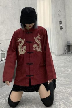 Dragon Embroidery Mandarin Collar Shirt
