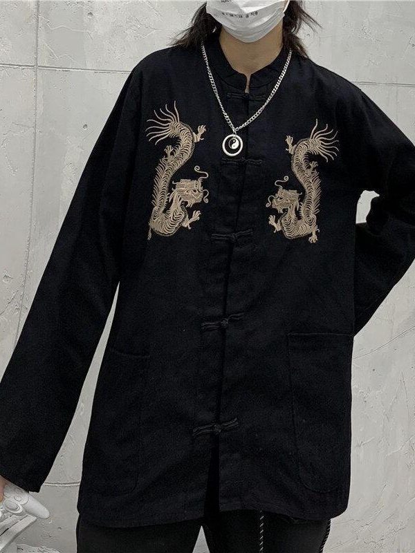 Dragon Embroidery Mandarin Collar Shirt