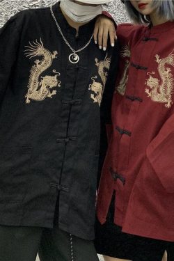 Dragon Embroidery Mandarin Collar Shirt