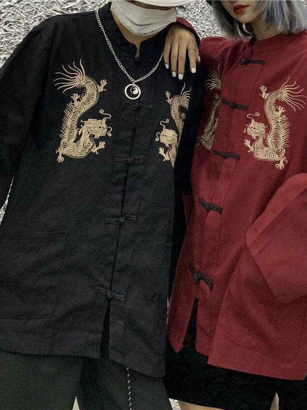 Dragon Embroidery Mandarin Collar Shirt