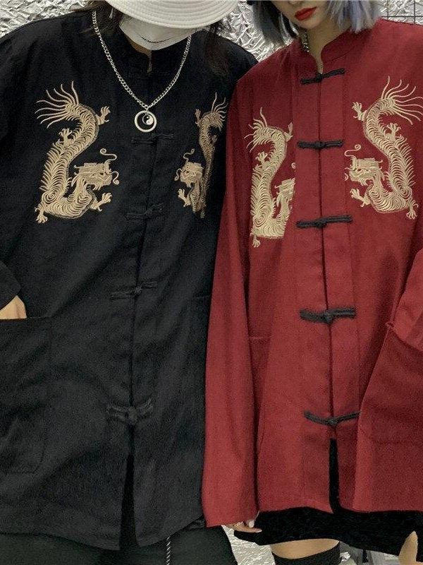 Dragon Embroidery Mandarin Collar Shirt