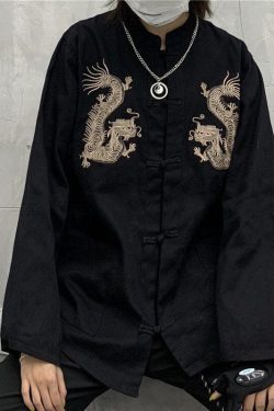 Dragon Embroidery Mandarin Collar Shirt