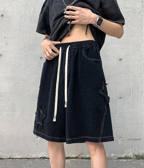 Drawstring Star Embroidered Shorts