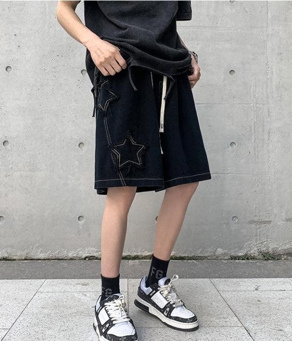 Drawstring Star Embroidered Shorts
