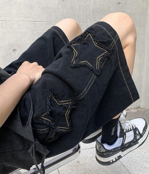 Drawstring Star Embroidered Shorts