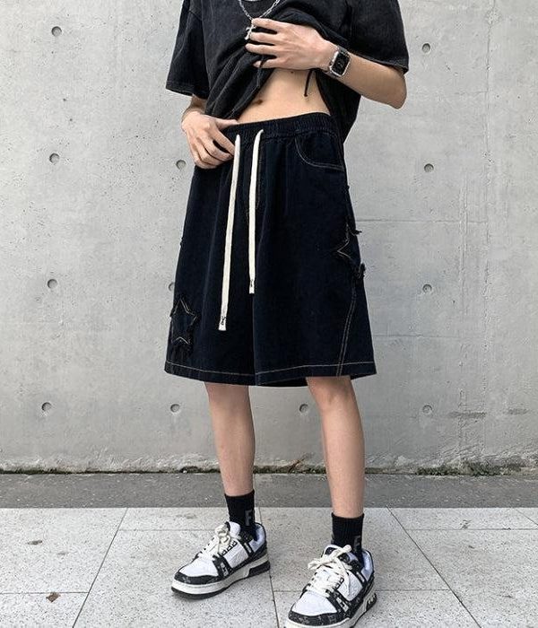Drawstring Star Embroidered Shorts
