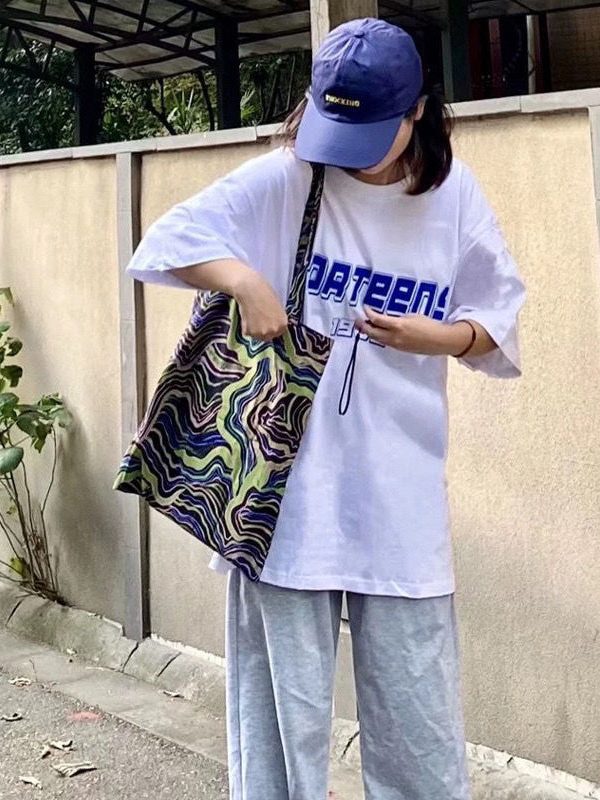 Elegant Black Colorful Stripes Print High-capacity Cotton Satchel Handbag