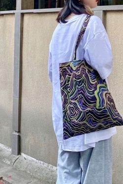 Elegant Black Colorful Stripes Print High-capacity Cotton Satchel Handbag