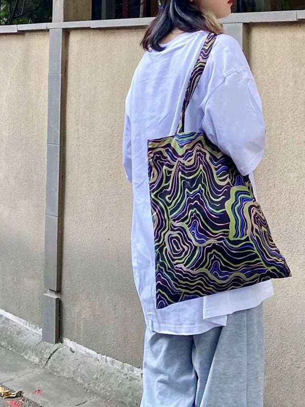 Elegant Black Colorful Stripes Print High-capacity Cotton Satchel Handbag