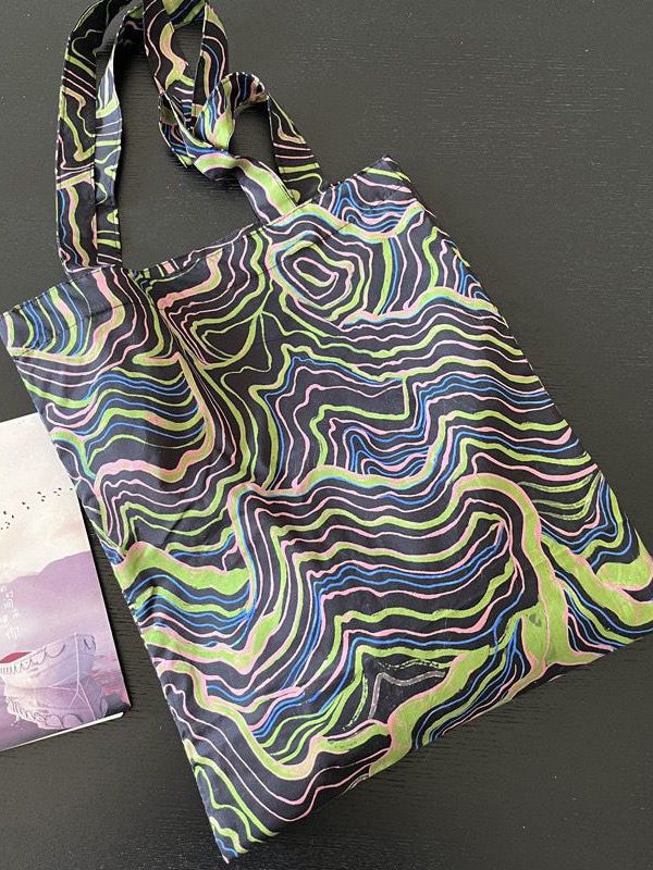 Elegant Black Colorful Stripes Print High-capacity Cotton Satchel Handbag