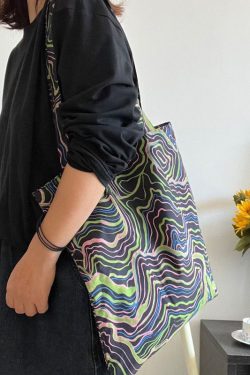 Elegant Black Colorful Stripes Print High-capacity Cotton Satchel Handbag