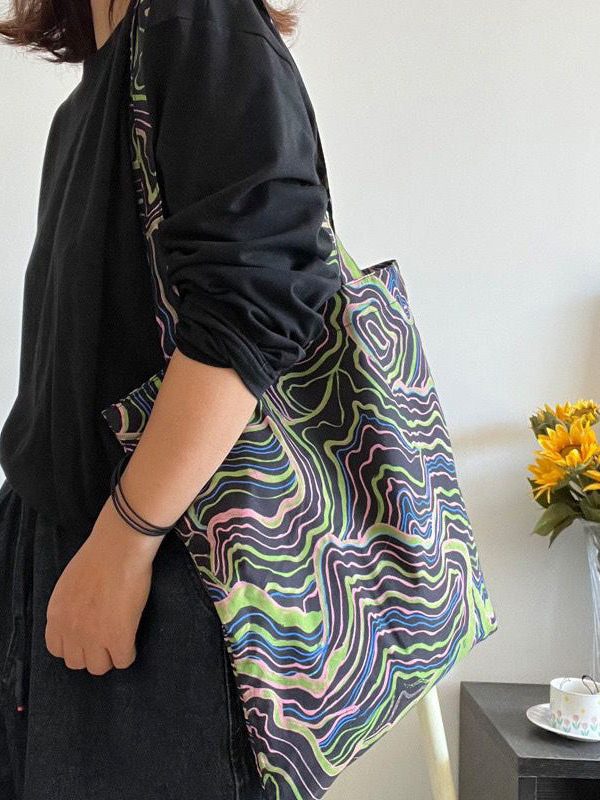 Elegant Black Colorful Stripes Print High-capacity Cotton Satchel Handbag