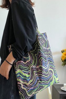 Elegant Black Colorful Stripes Print High-capacity Cotton Satchel Handbag