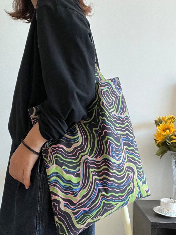 Elegant Black Colorful Stripes Print High-capacity Cotton Satchel Handbag