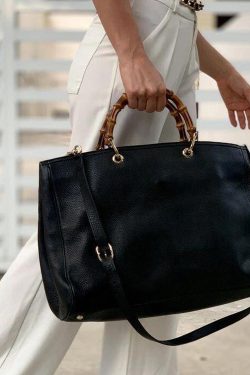 Elegant Black Large Capacity Solid Durable Leather Tote Handbag