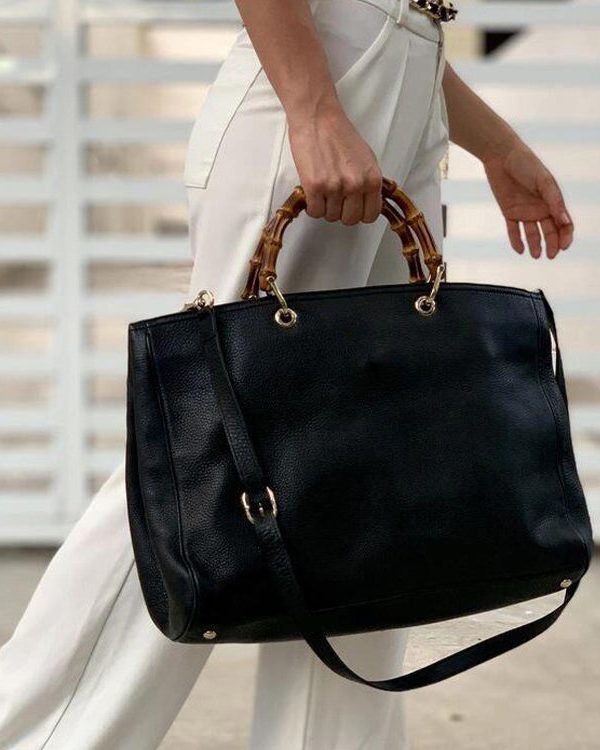 Elegant Black Large Capacity Solid Durable Leather Tote Handbag