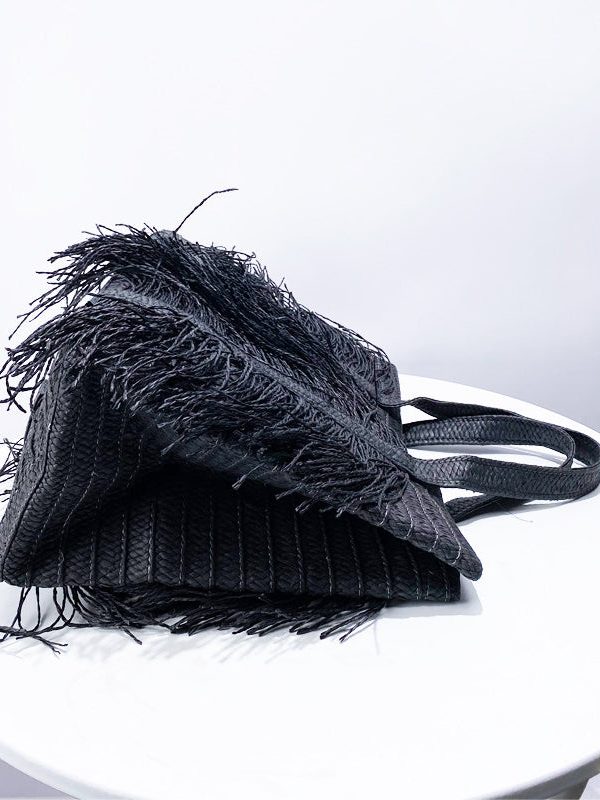 Elegant Black Tasseled Weave Faux Leather Shoulder Bags