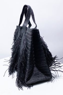 Elegant Black Tasseled Weave Faux Leather Shoulder Bags