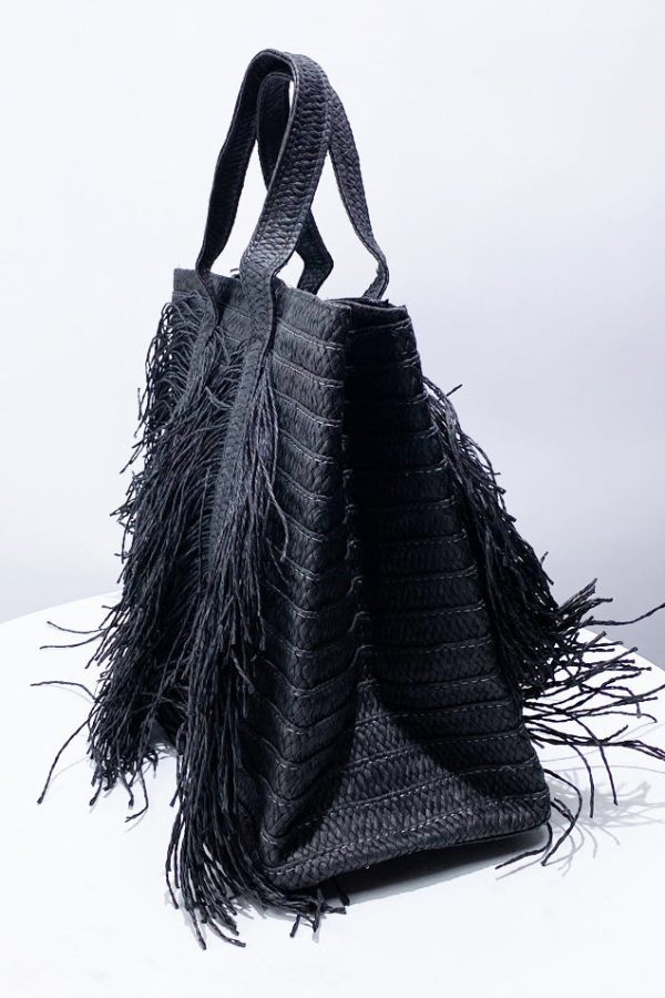 Elegant Black Tasseled Weave Faux Leather Shoulder Bags