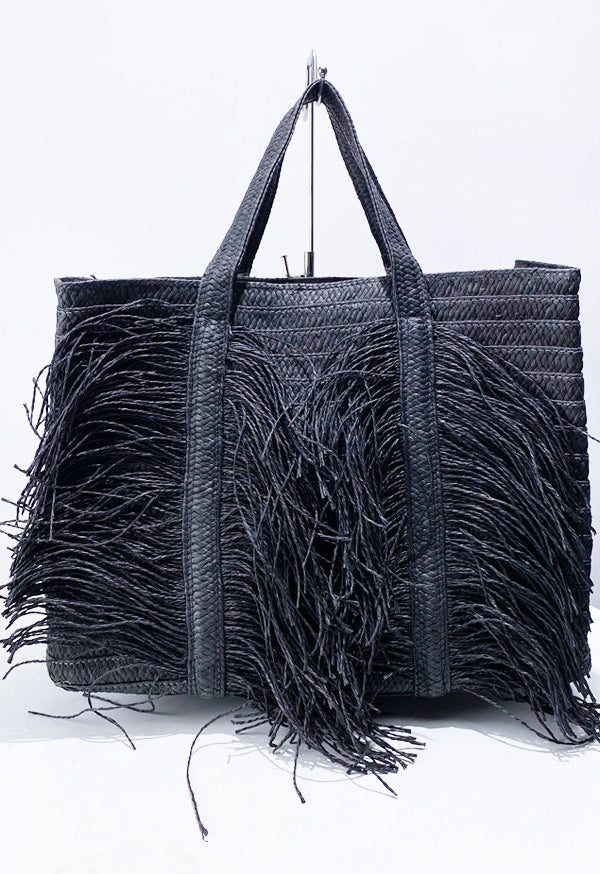 Elegant Black Tasseled Weave Faux Leather Shoulder Bags
