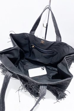 Elegant Black Tasseled Weave Faux Leather Shoulder Bags