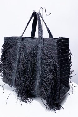 Elegant Black Tasseled Weave Faux Leather Shoulder Bags