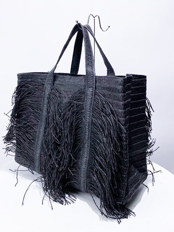 Elegant Black Tasseled Weave Faux Leather Shoulder Bags