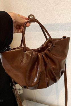 Elegant Black Wrinkled Faux Leather Tote Handbag