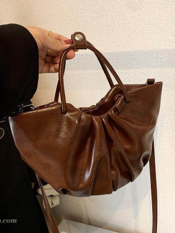 Elegant Black Wrinkled Faux Leather Tote Handbag