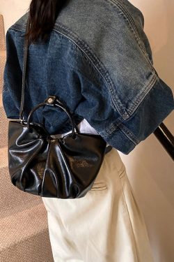 Elegant Black Wrinkled Faux Leather Tote Handbag