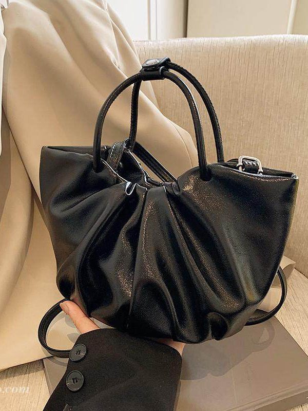Elegant Black Wrinkled Faux Leather Tote Handbag