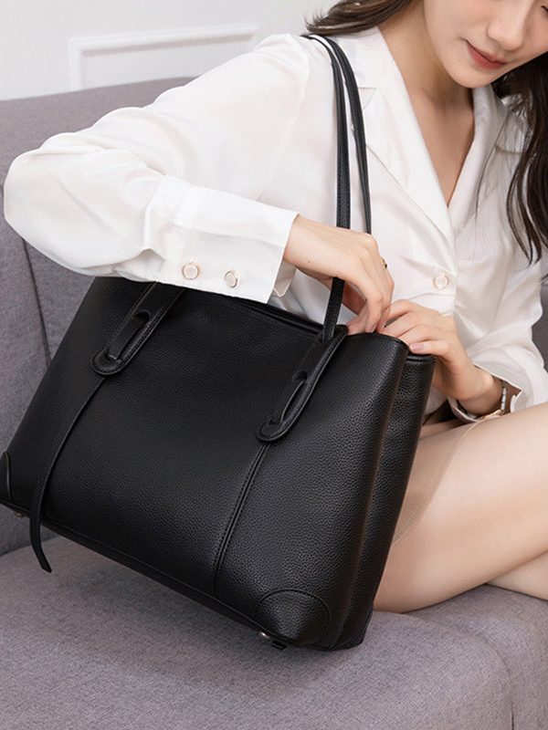 Elegant Black Zippered Faux Leather Tote Handbag