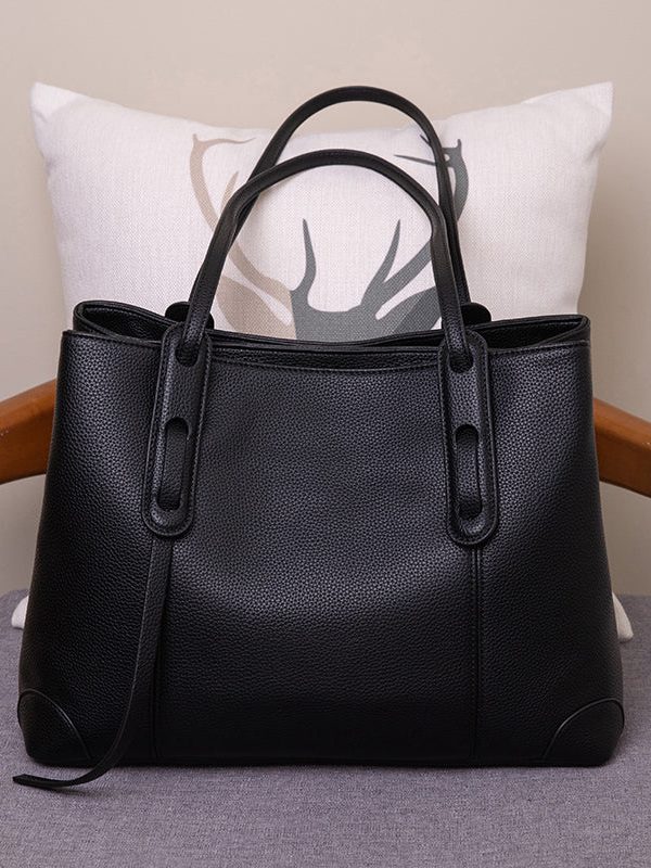 Elegant Black Zippered Faux Leather Tote Handbag