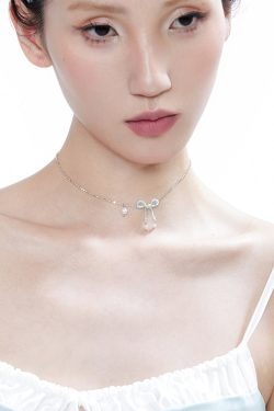 Elegant Blue Crystal Bow Pearl Silver Choker