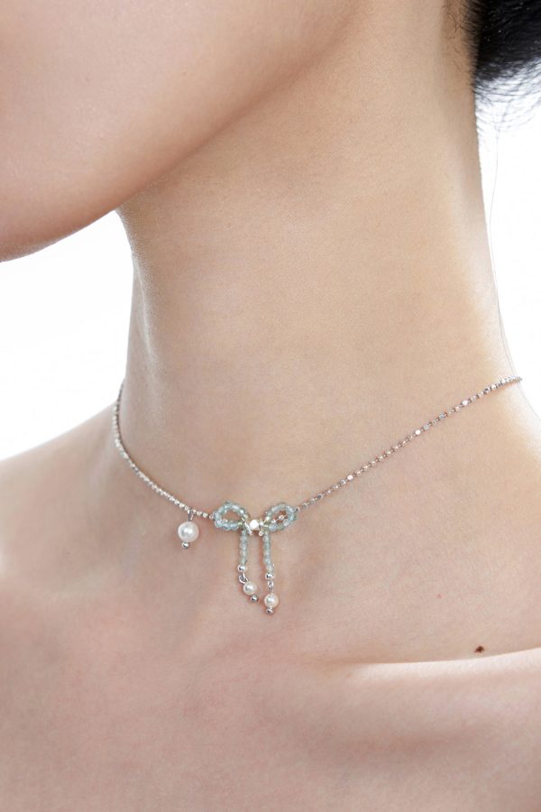 Elegant Blue Crystal Bow Pearl Silver Choker