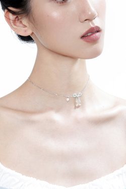 Elegant Blue Crystal Bow Pearl Silver Choker