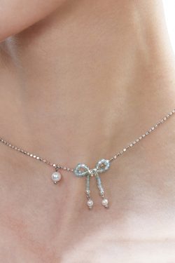 Elegant Blue Crystal Bow Pearl Silver Choker