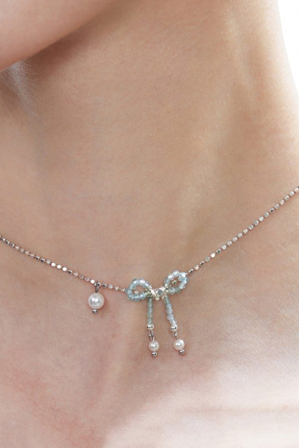 Elegant Blue Crystal Bow Pearl Silver Choker