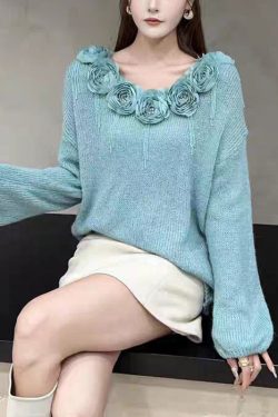 Elegant Blue Floral Zircon Patchwork Knit Sweaters Fall